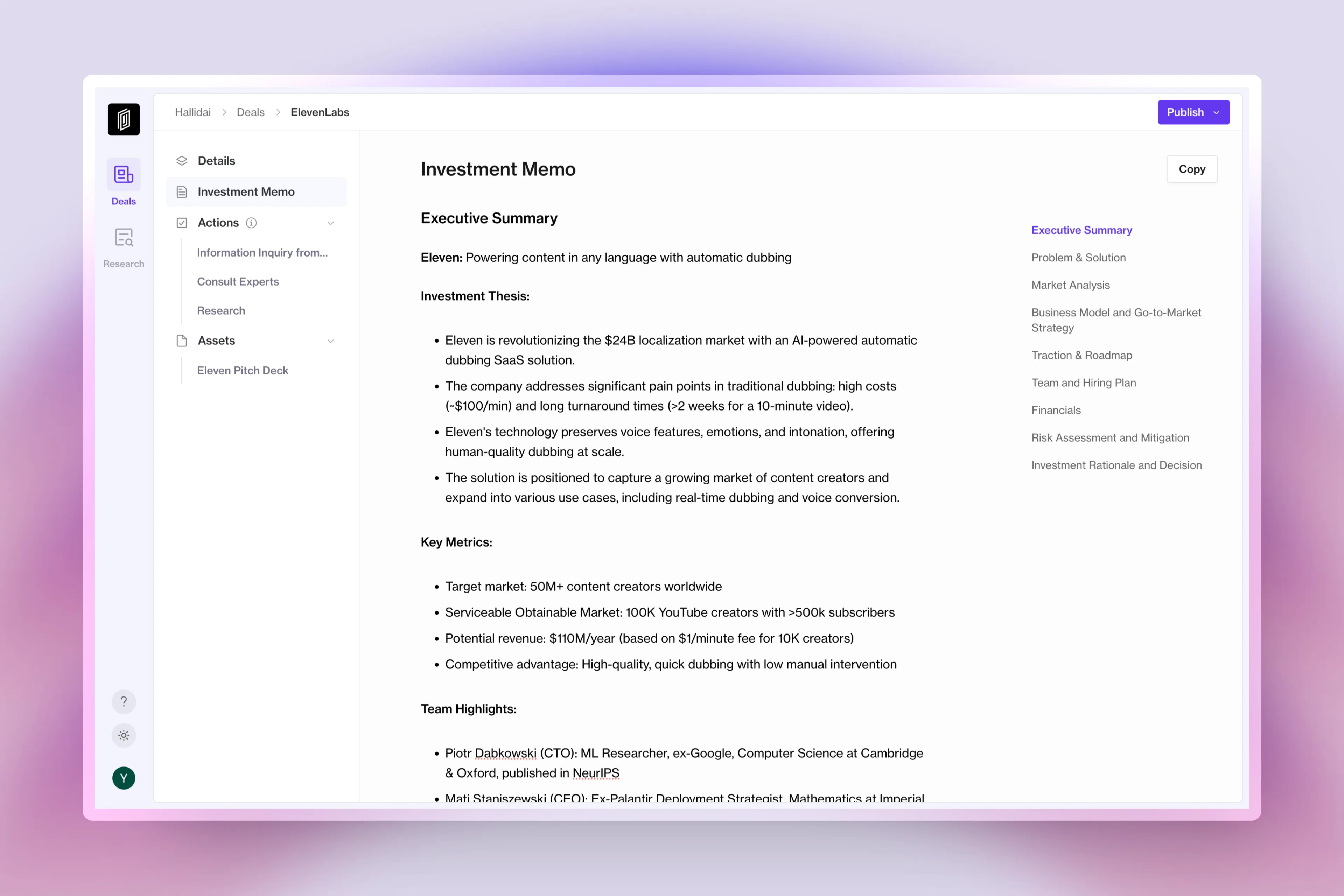Using Junrs for investment memos generating
